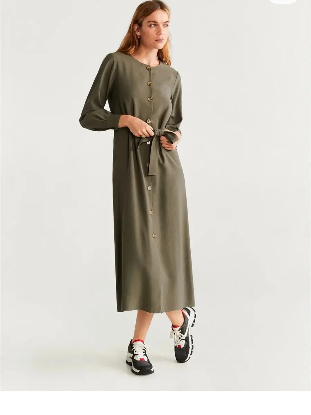 MNG khaki belted maxi shirt dress